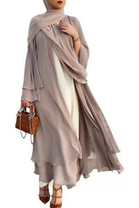 Beige chiffon layered abaya with belt