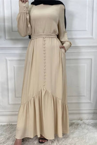 Beige closed abaya with button and frill