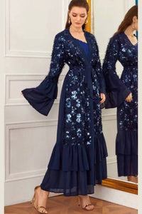 blue open abaya with frill