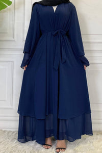 Blue chiffon layered abaya with belt